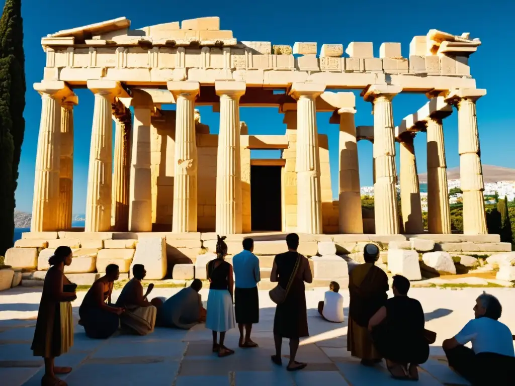 Imagen detallada de un templo griego con adoradores en ritos de adoración en Grecia Clásica, destacando su solemnidad y reverencia