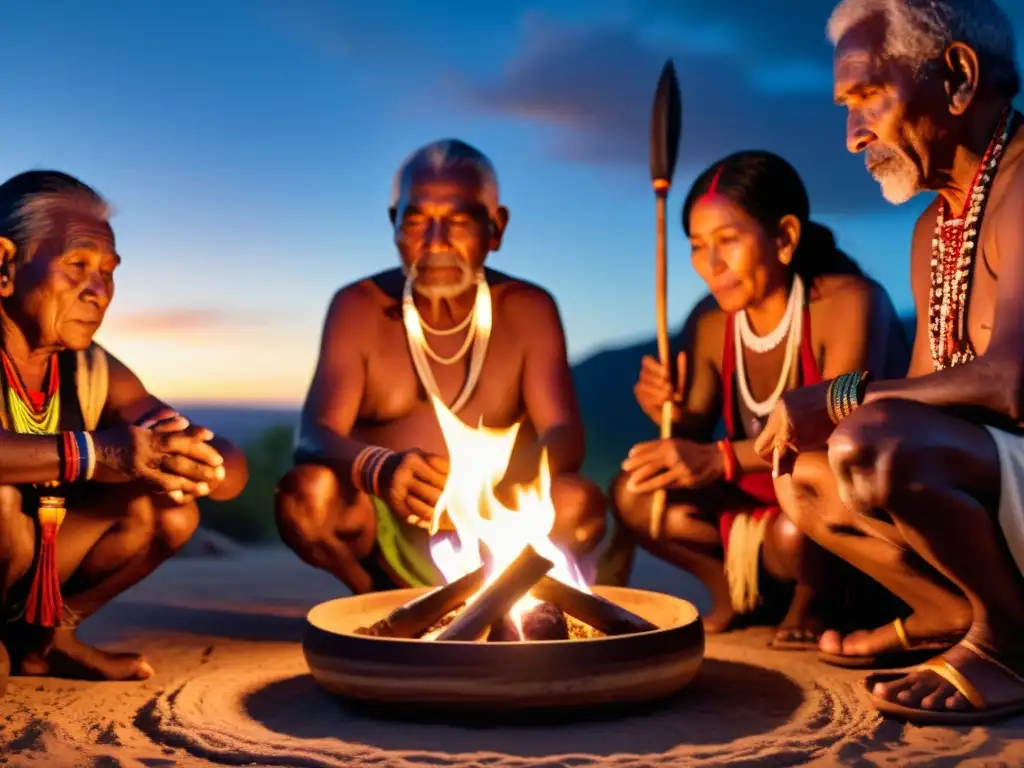 Imagen documental de ancianos indígenas realizando un ritual, iluminados por antorchas y rodeados de sonidos ancestrales