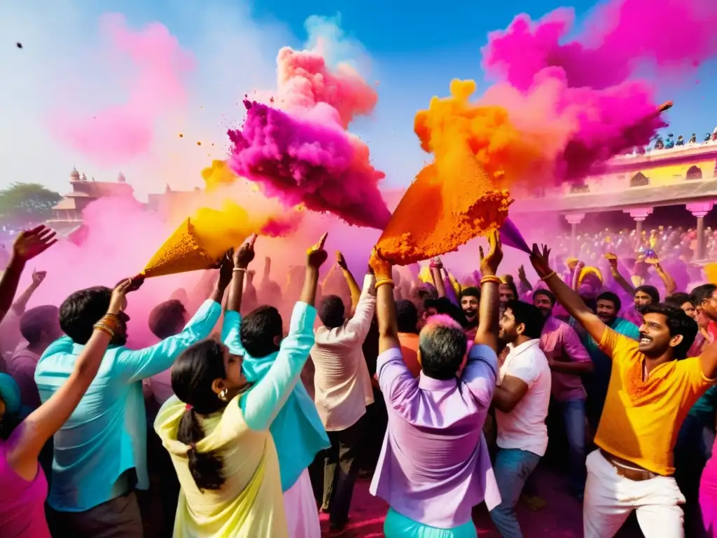 Imagen documental de alta resolución del Festival Holi, capturando la energía y colorido de la celebración tradicional