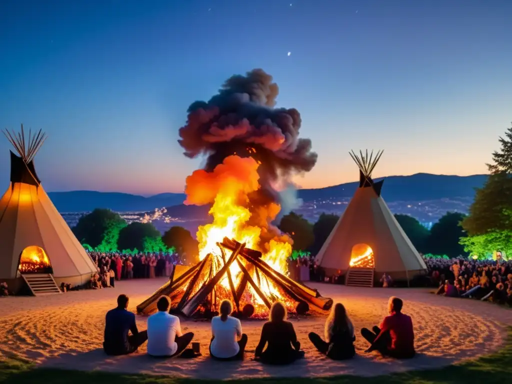 Imagen documental de una fogata vibrante iluminando la noche, con figuras silueteadas bailando y celebrando
