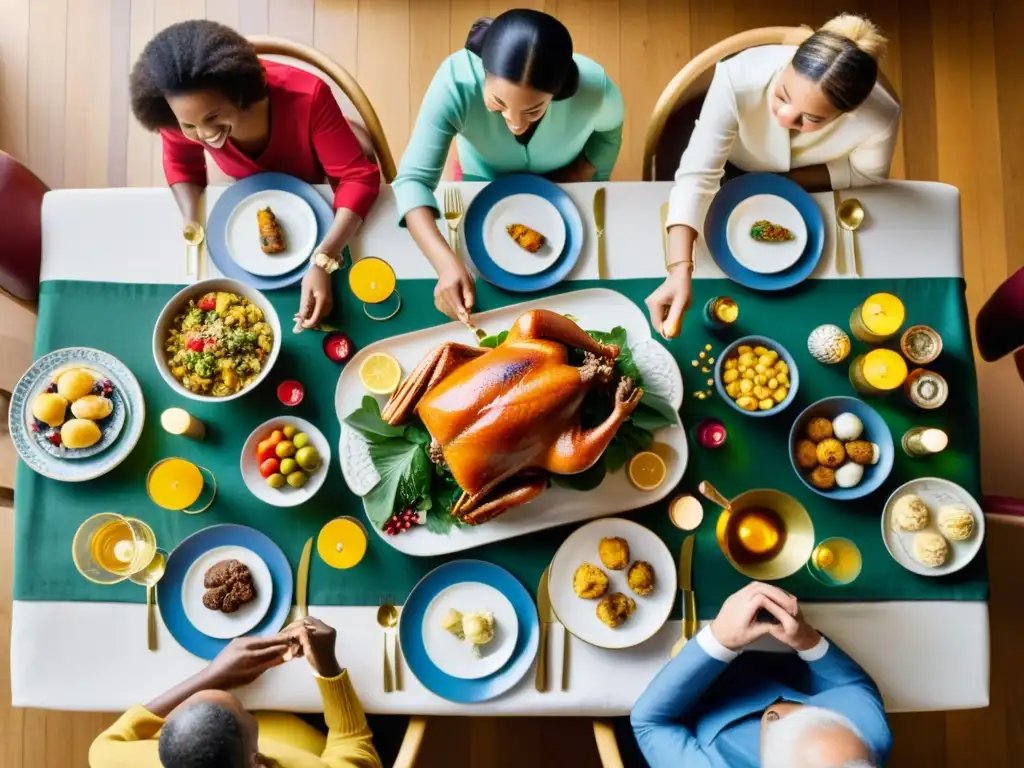 Imagen documental de una mesa festiva con platos tradicionales de Año Nuevo de diversas culturas, evocando rituales gastronómicos de Año Nuevo