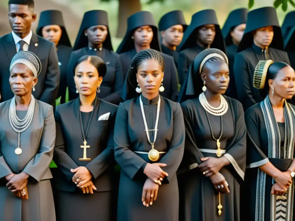 Una imagen documental de alta resolución que captura a un grupo de dolientes de diferentes culturas y tradiciones usando sus respectivas vestimentas y accesorios rituales funerarios, reunidos en un ambiente solemne y contemplativo