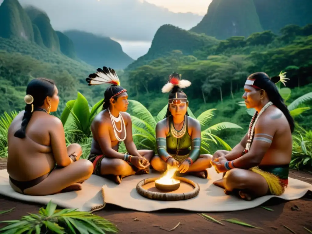 Una imagen documental de alta resolución de un grupo de indígenas realizando un ritual tradicional en un entorno natural remoto