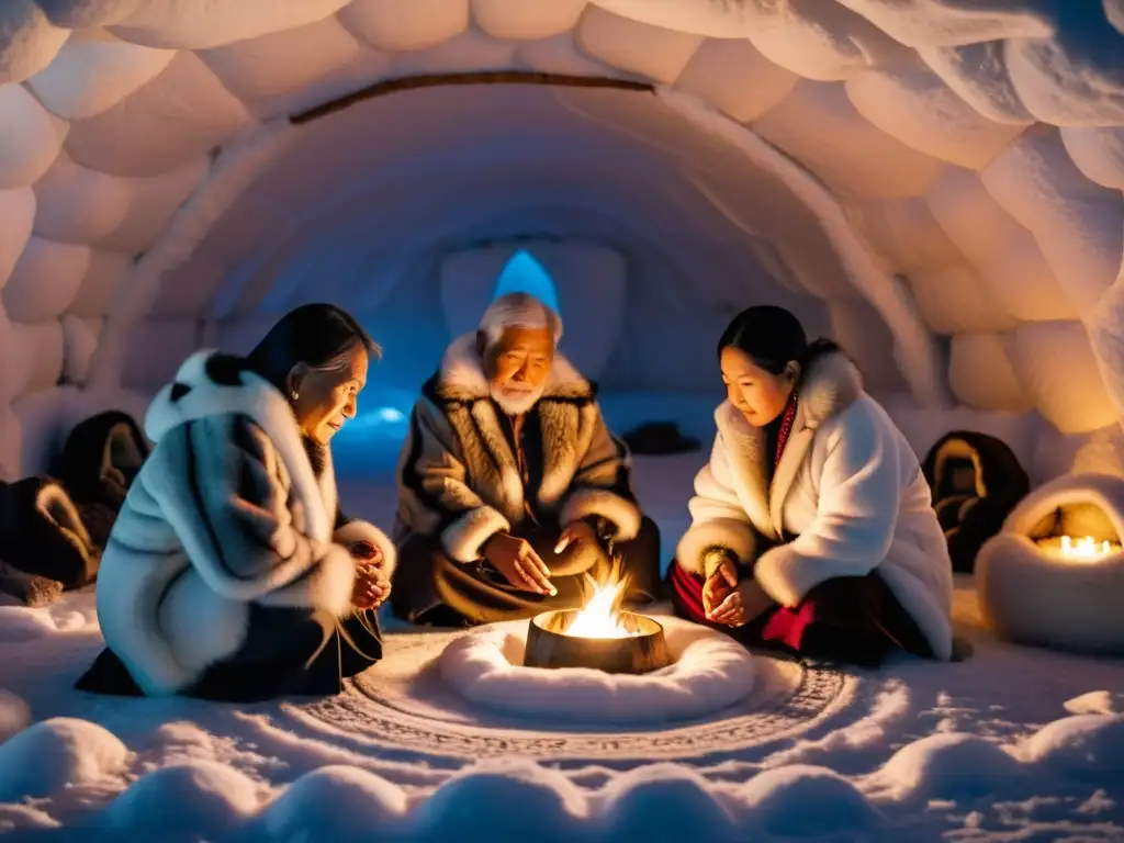 Imagen emotiva de ancianos inuit realizando rituales de nacimiento esquimales en un iglú sagrado