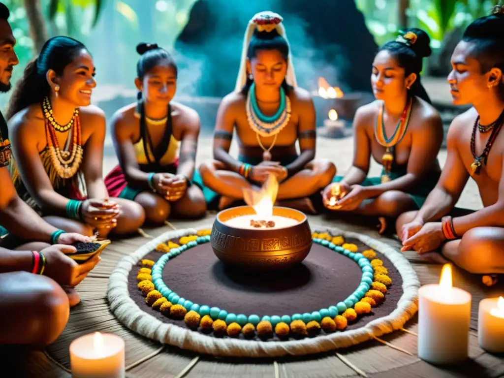 Imagen de una emotiva ceremonia del cacao revitalizante ancestral maya, con el chamán liderando el ritual entre símbolos y velas