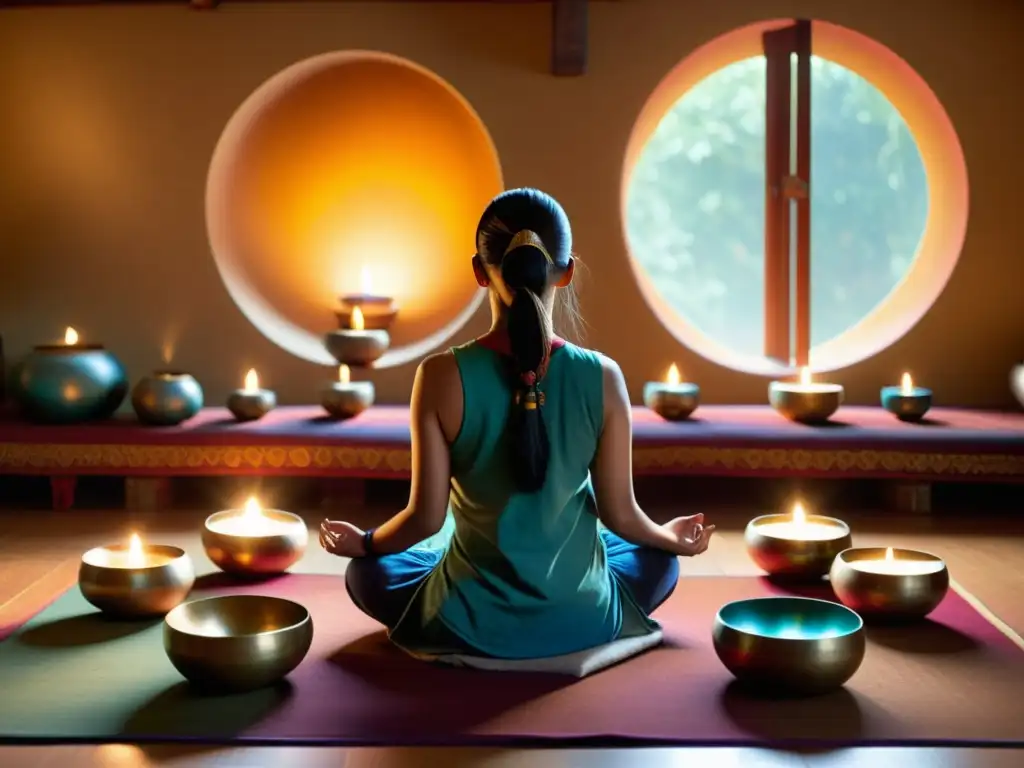 Imagen de un espacio de meditación sereno con cuencos tibetanos, transmitiendo calma y beneficios para la meditación
