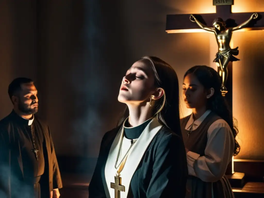 Imagen de un exorcismo en una habitación oscura con un sacerdote y una joven poseída, reflejando el significado del exorcismo en el cristianismo