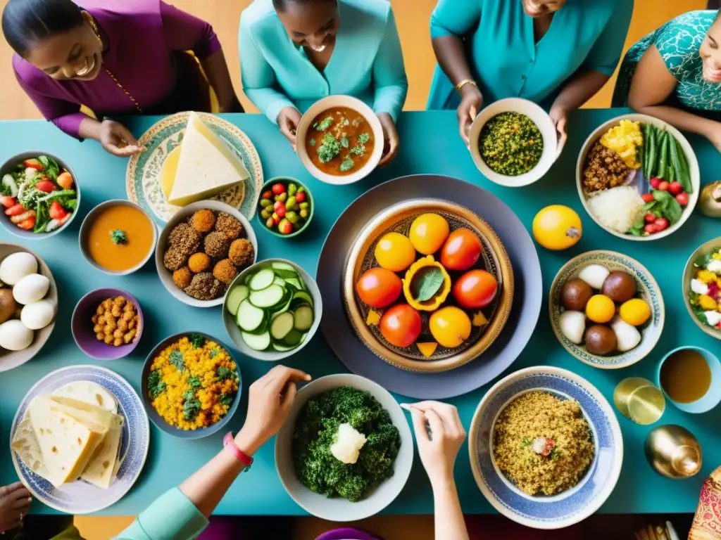 Imagen de una familia multicultural disfrutando de alimentos rituales en celebraciones de la vida, con una mesa bellamente decorada y comida tradicional