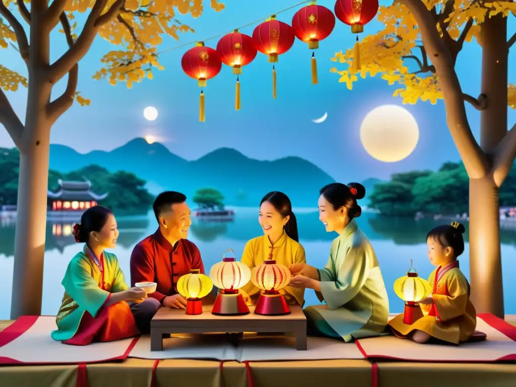 Imagen familiar china bajo la luna llena, celebrando el Festival de la Luna con linternas y pasteles