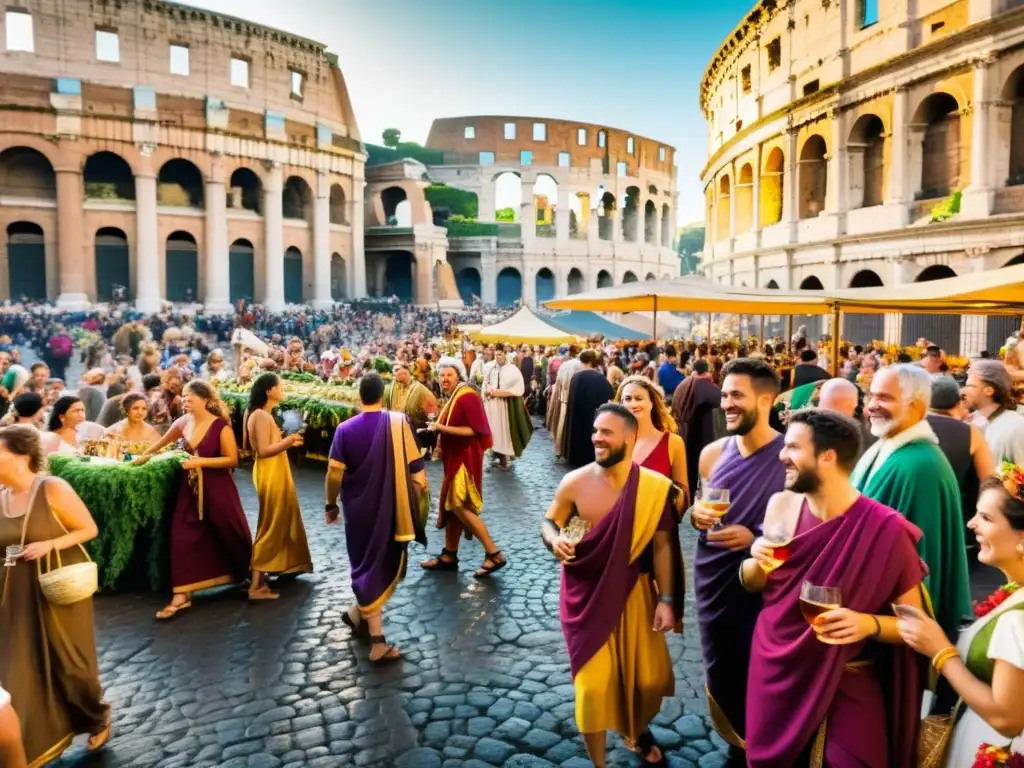 Imagen de Saturnalia, fiesta desenfrenada en Roma: coloridos togas, bullicioso mercado y algarabía festiva en la antigua Roma