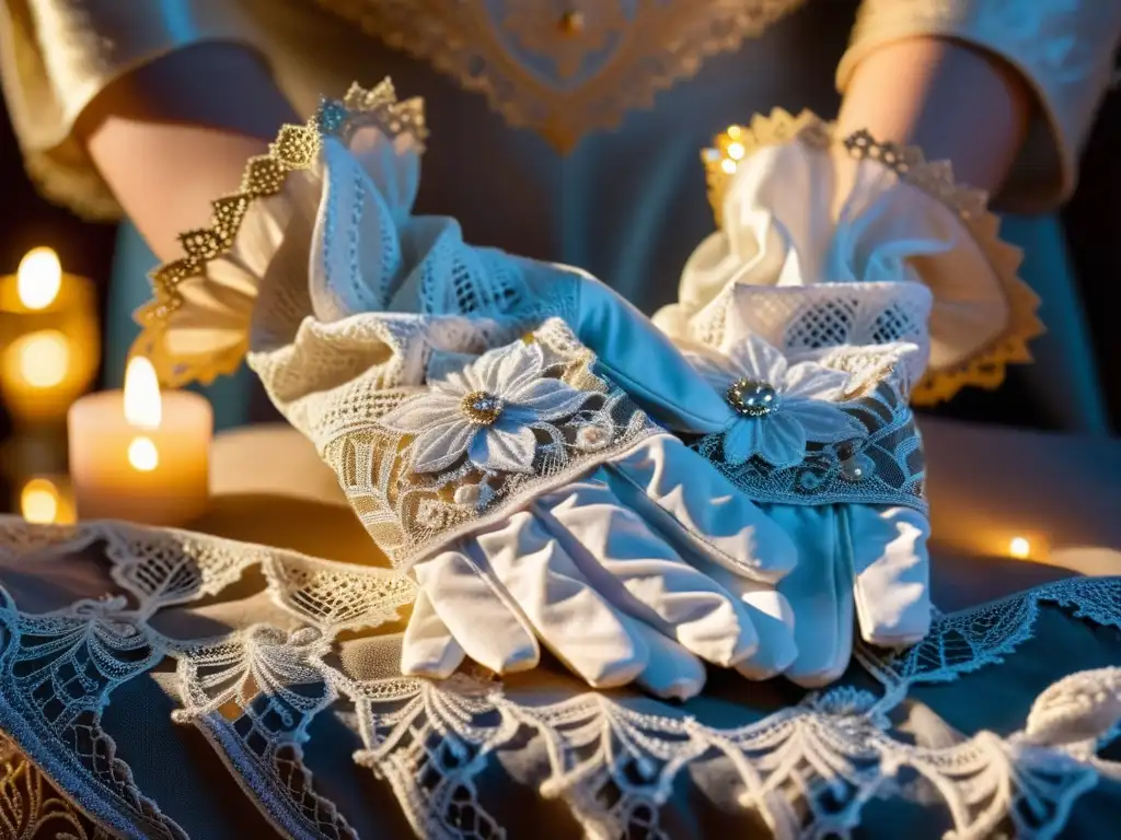 Imagen de unos guantes blancos bordados con encaje y hilo plateado, sostenidos con reverencia