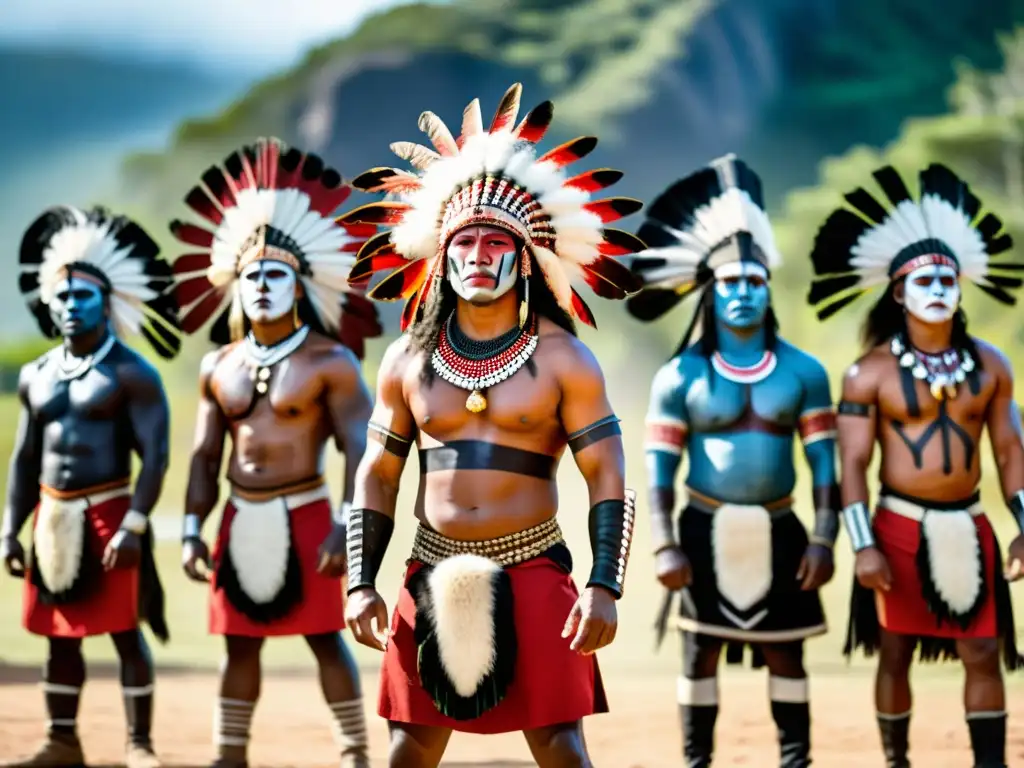 Imagen de guerreros indígenas en un ritual de guerra, expresando fuerza y tradición en su danza