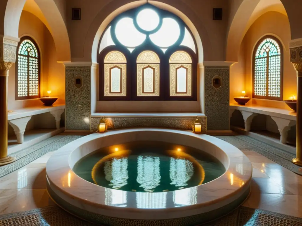 Imagen de un hamam turco con arquitectura de mármol, luz dorada y serenidad, evocando el ritual de Hamam baño turco