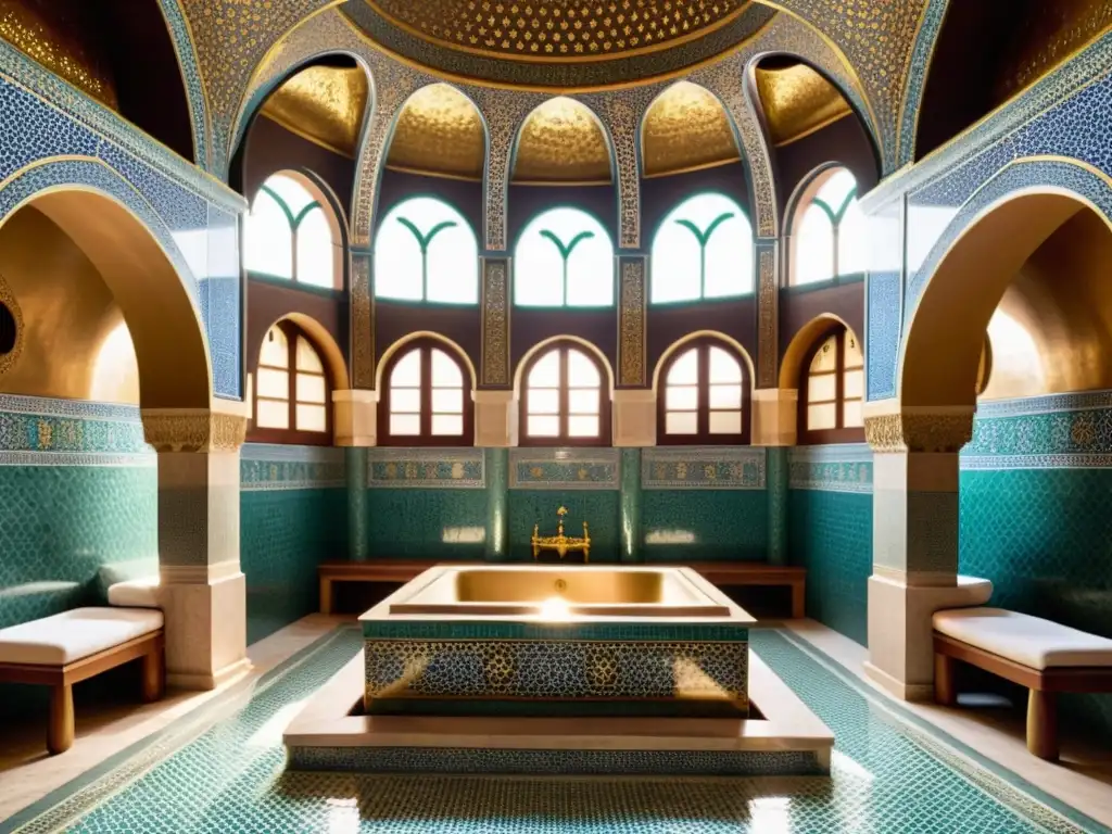 Imagen de un hammam turco tradicional con detalles intrincados, luz suave y ambiente relajante