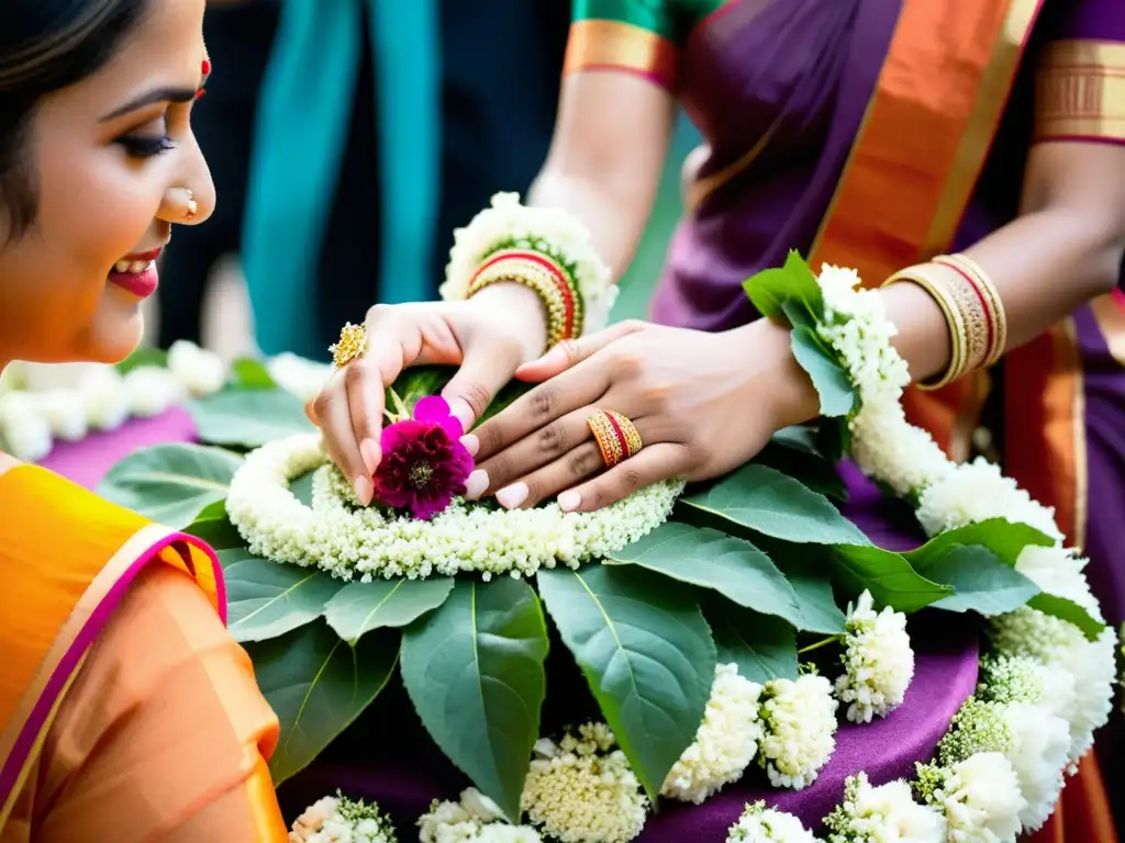 Una imagen de alta resolución de una hermosa ceremonia de boda hindú, adornando reverentemente una planta de Tulsi con flores y telas coloridas