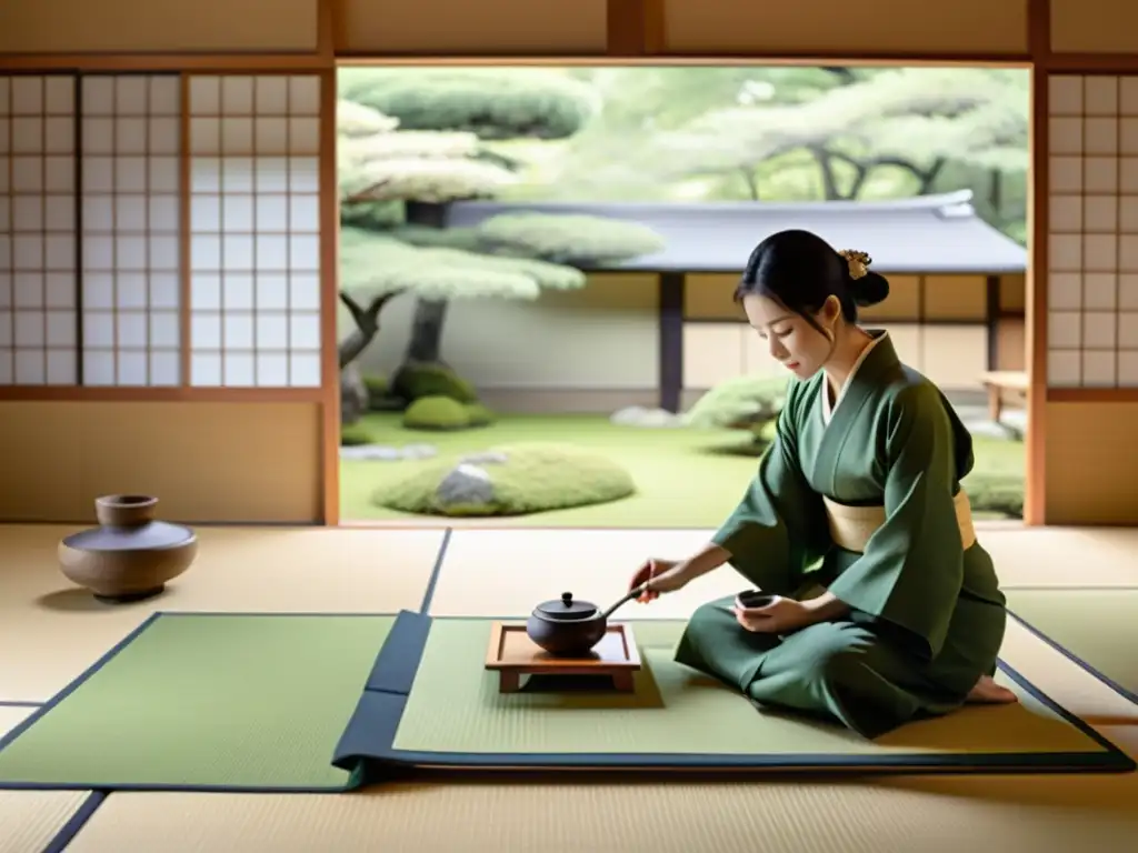 Imagen de una hermosa Ceremonia del Té Sintoísta con una atmósfera de espiritualidad y armonía en una tradicional habitación tatami en Japón