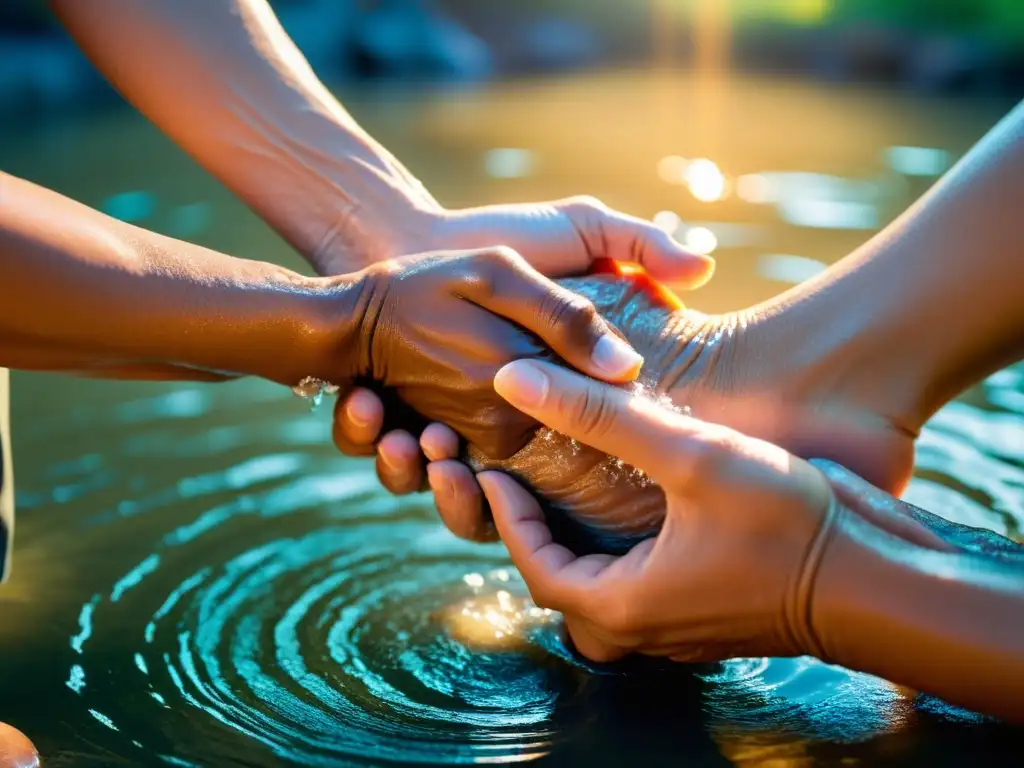 Una imagen de humildad y servicio: manos arrugadas lavando los pies, con una suave luz iluminando la escena