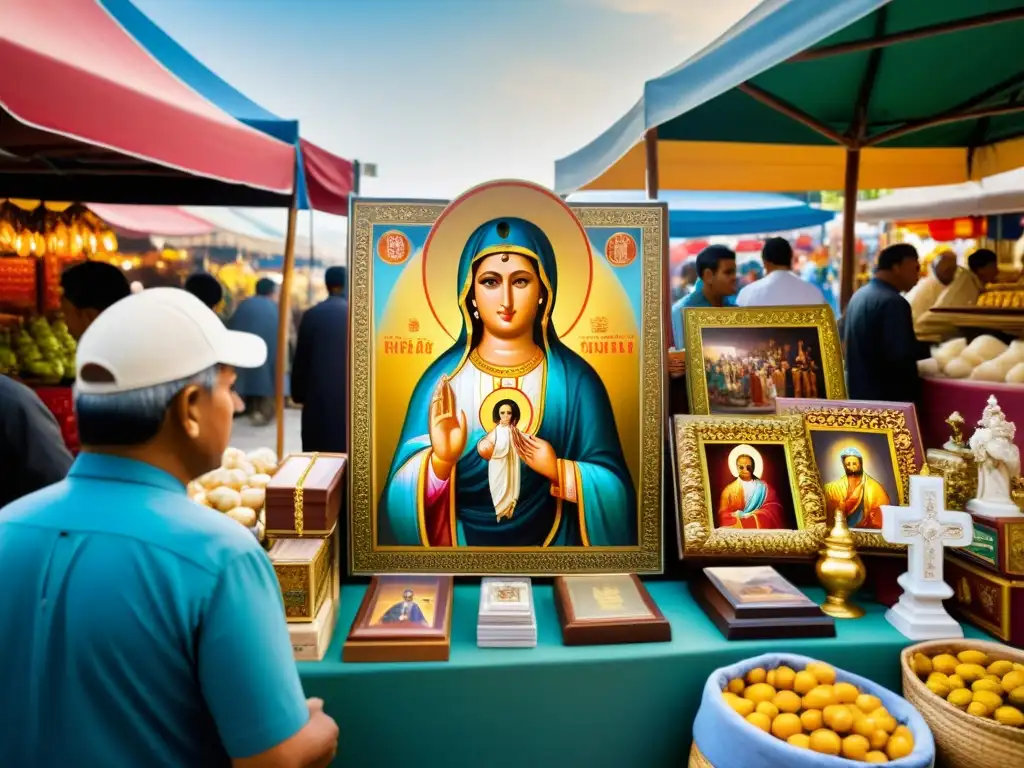 Una imagen de una icónica figura religiosa rodeada de un bullicioso mercado donde se venden productos con figuras religiosas similares