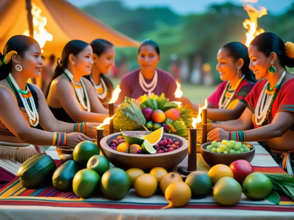 Imagen impactante de un festín ceremonial maya con rituales culinarios ancestrales significado, comunidad y chamanes en atuendos tradicionales