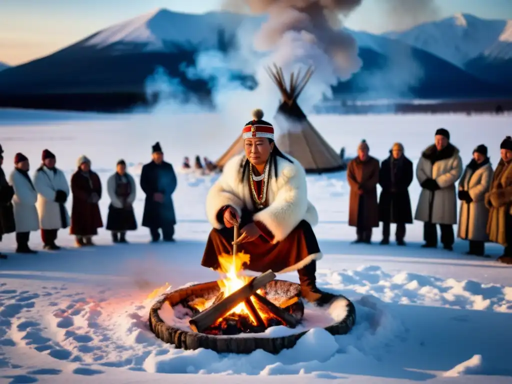 Imagen impactante de un chamán realizando un ritual en el paisaje nevado de Siberia, envuelto en misticismo y poder espiritual