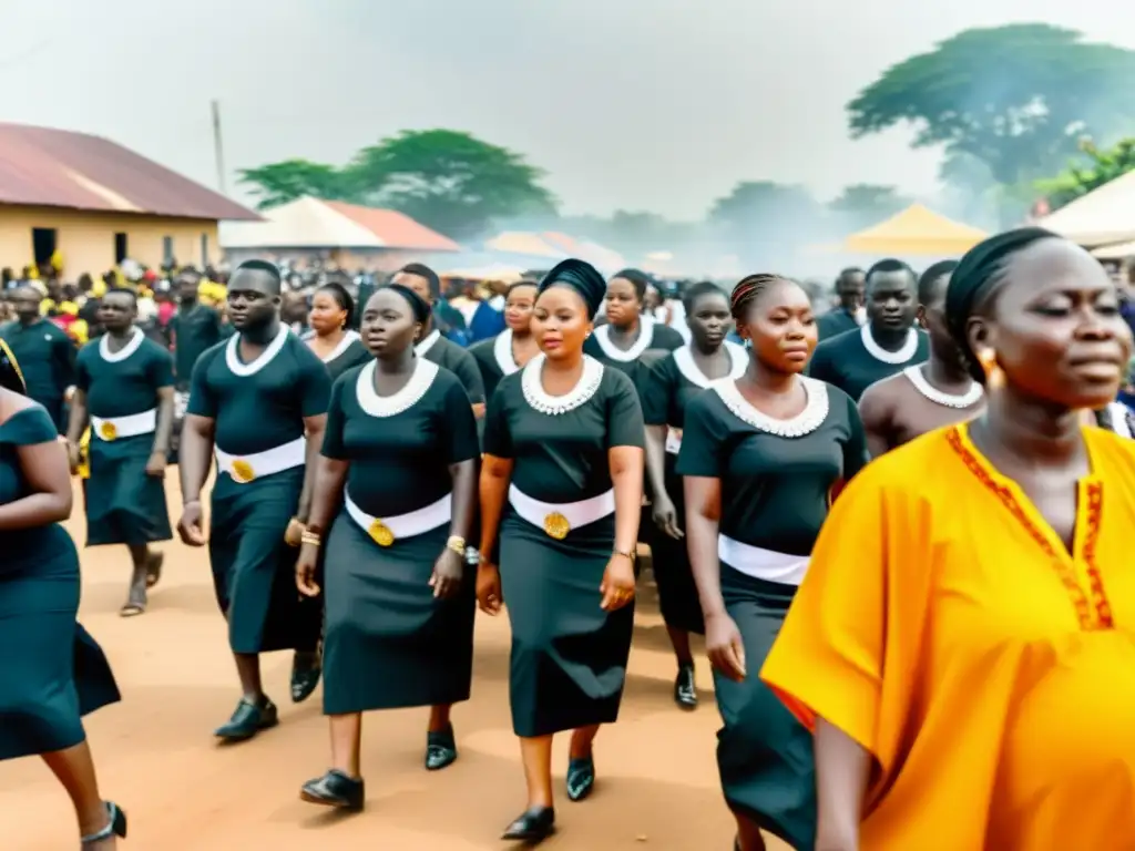 Imagen impactante de una procesión fúnebre en Ghana, con expresiones corporales en despedida ser querido y coloridos atuendos tradicionales