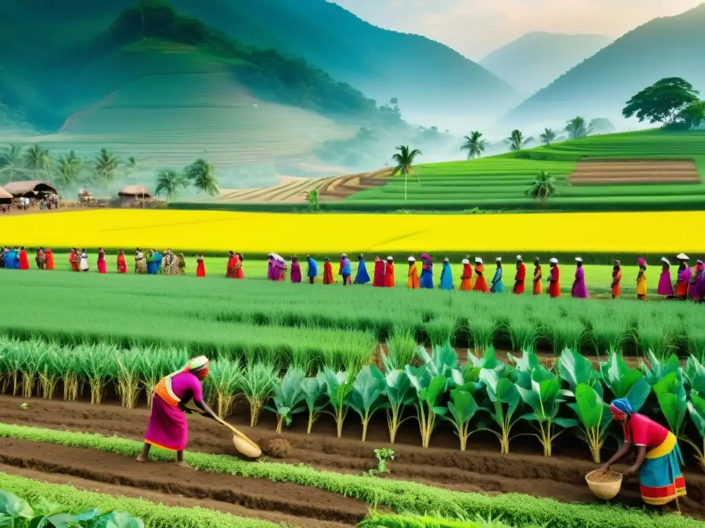 Imagen impactante de prácticas agrícolas rituales con agricultores realizando ceremonias y sembrando en un campo fértil