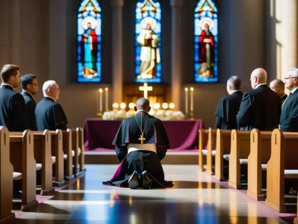 Imagen impactante del rito de ordenación sacerdotal en la Iglesia, con atmósfera solemne y reverente, reflejando tradición y significado espiritual