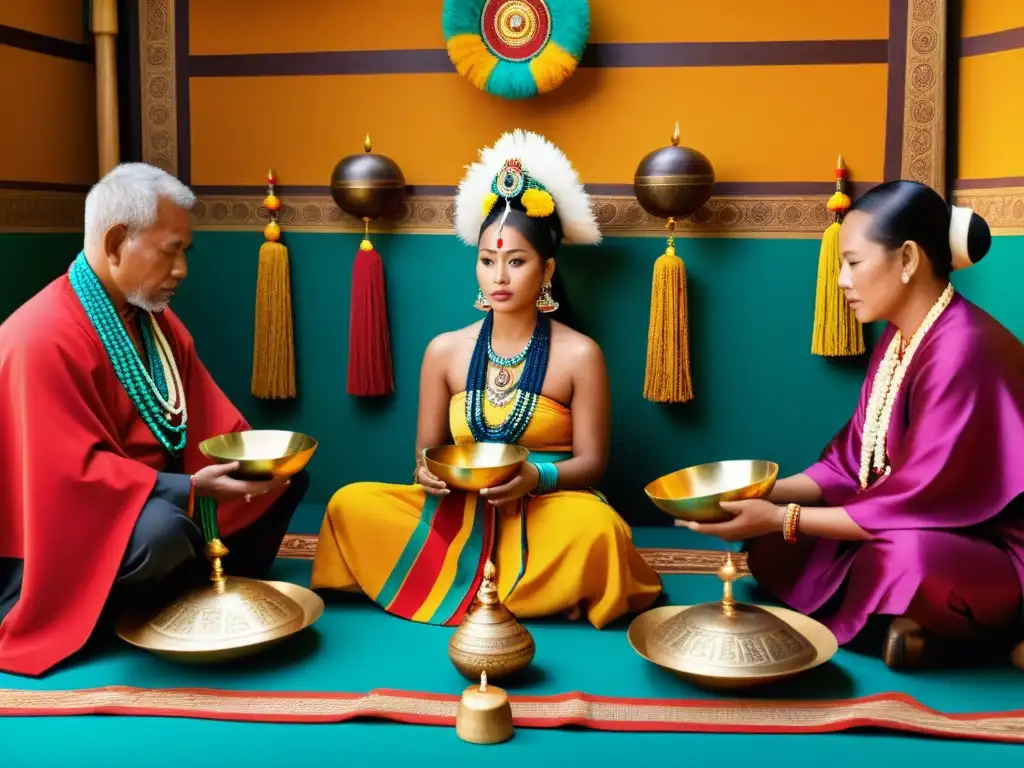 Imagen impactante de un ritual ancestral con participantes y decoraciones tradicionales, reflejando la riqueza cultural