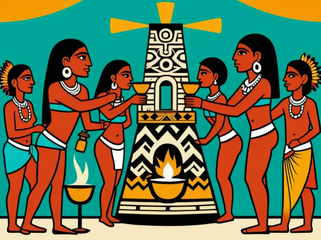 Imagen impactante de un ritual azteca prehispánico con consumo de pulque en un templo vibrante