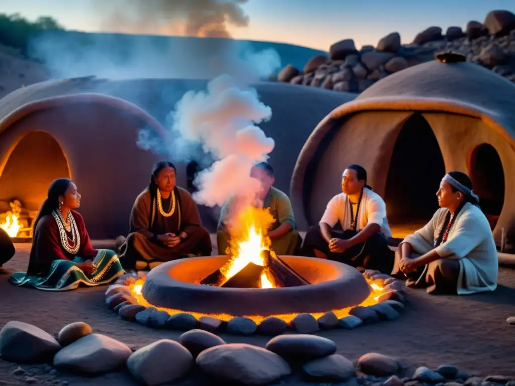 Imagen impactante de un ritual de purificación en culturas nativas, con participantes en una ceremonia de sudoración, el vapor ascendente y la luz tenue de la fogata