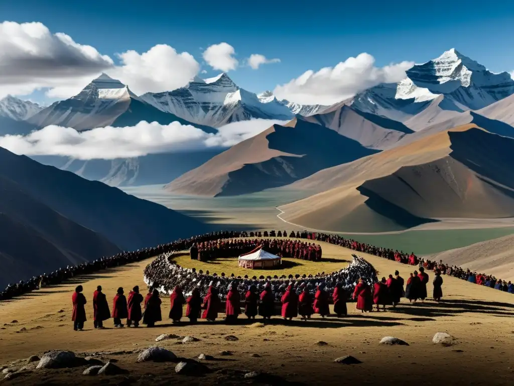 Imagen impactante de un ritual funerario tibetano en la cima de una montaña, destacando la diversidad de rituales funerarios alrededor del mundo