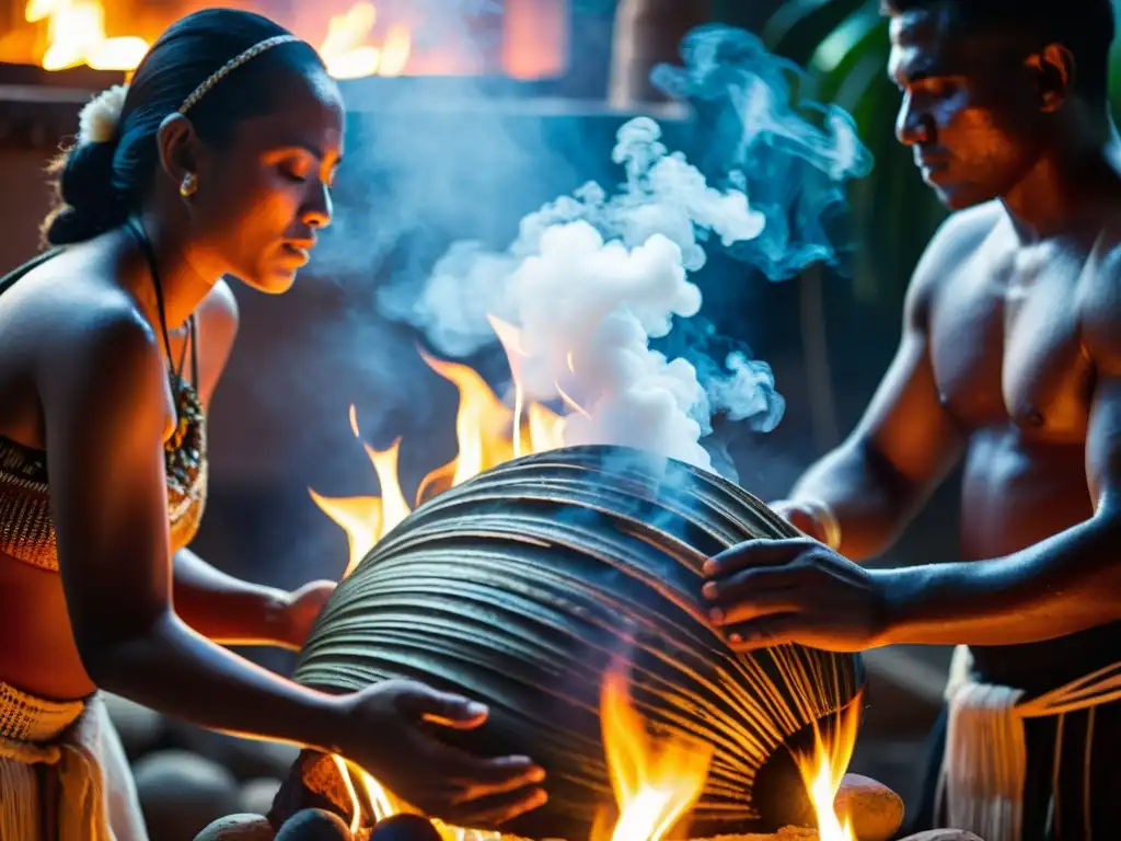 Imagen impactante de un ritual maya de detoxificación, con participantes en silueta, rodeados de vapor y luz de la hoguera