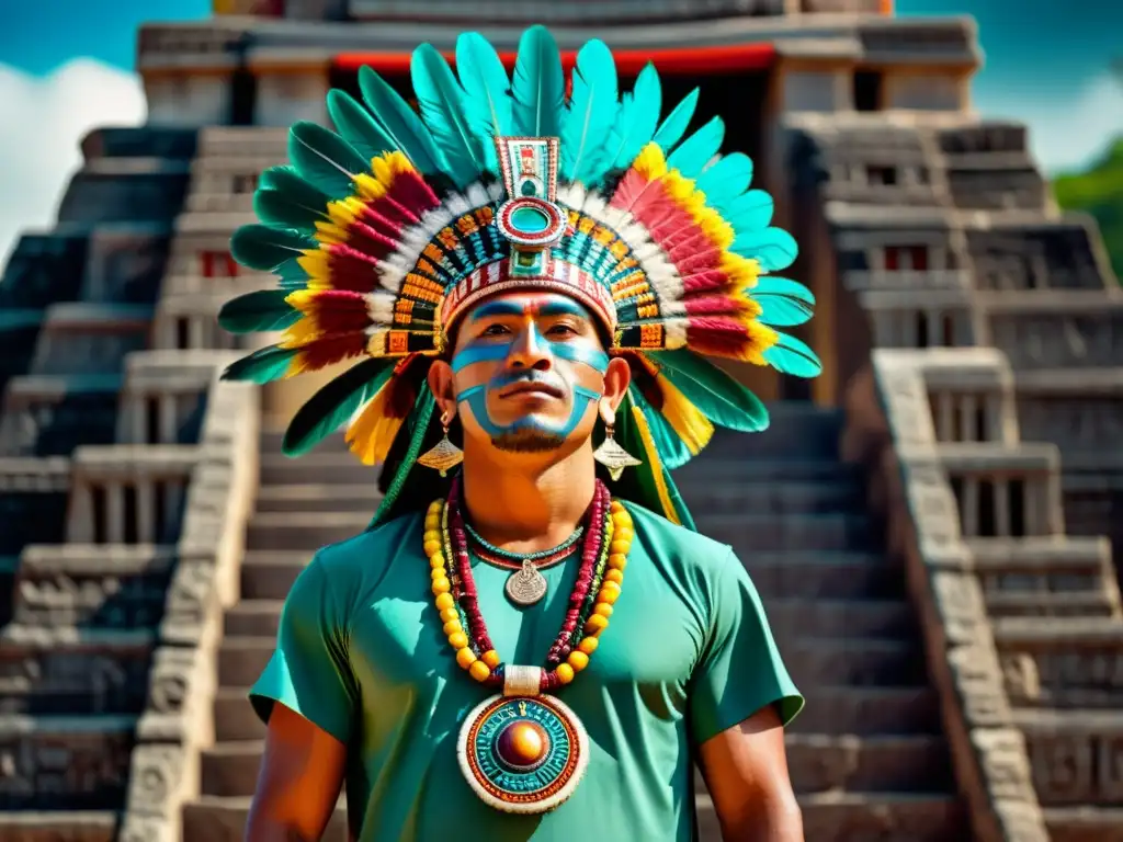 Imagen impactante de un sacerdote maya con un tocado ritual de plumas, realizando un antiguo ritual entre ruinas, evocando culturas ancestrales