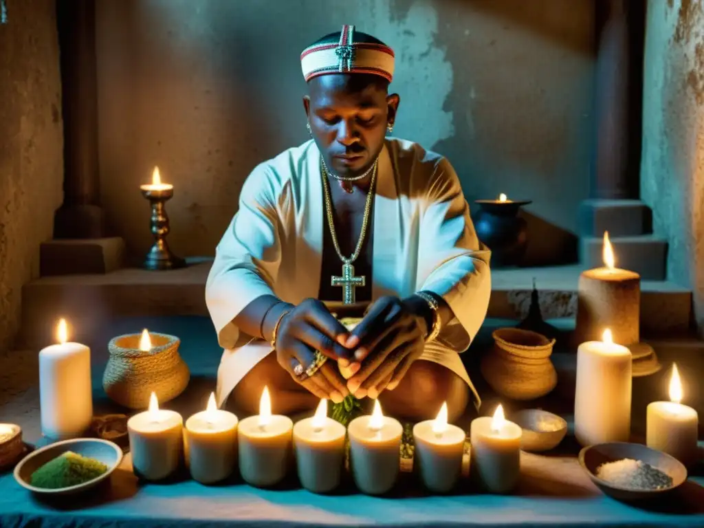 Imagen impactante de un sacerdote Vudú realizando un ritual en Haití, rodeado de elementos simbólicos