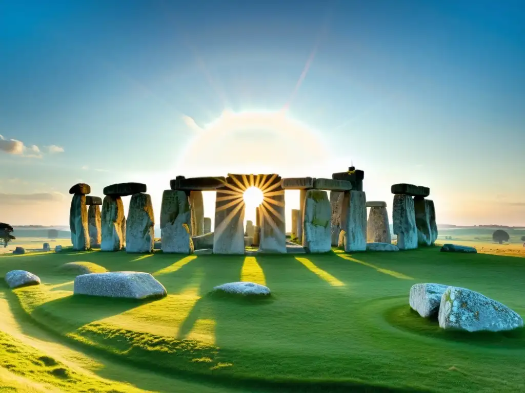 Imagen impactante de Stonehenge en el solsticio de verano, con cálidos rayos de sol iluminando las antiguas piedras y el paisaje