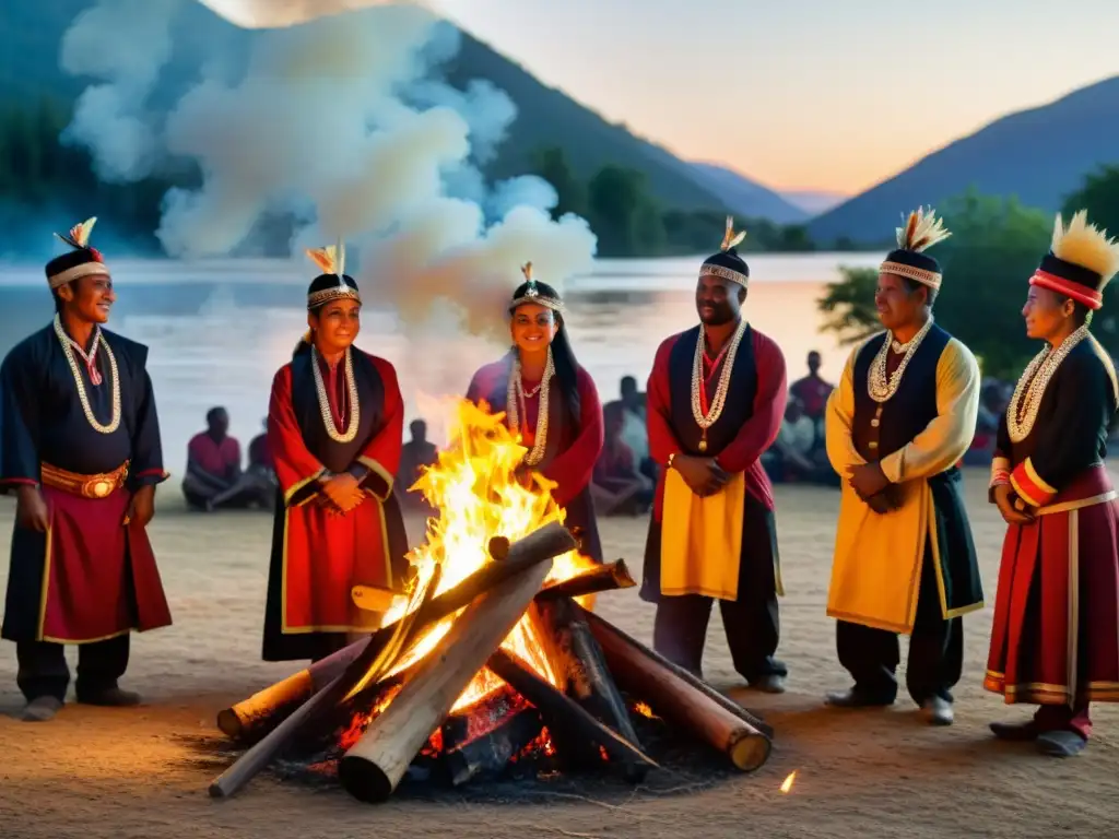 Imagen impactante de una transmisión de rituales comunitarios tradicionales alrededor de una fogata, con participantes adornados y expresiones reverentes