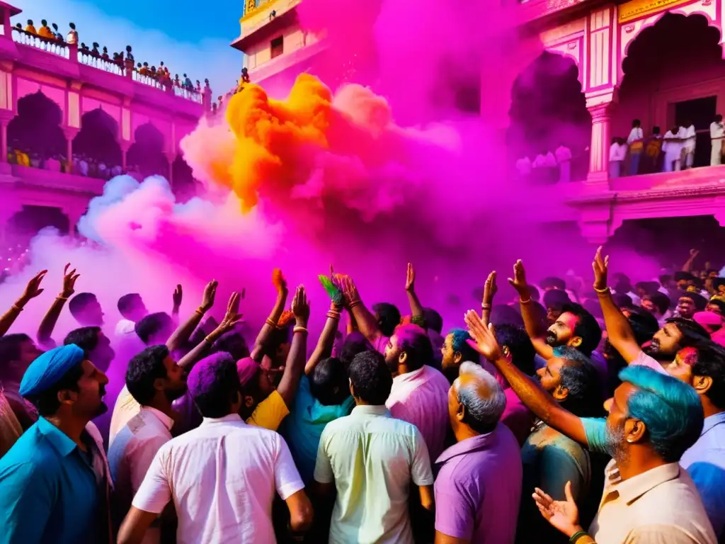 Imagen impactante del vibrante Festival Holi, capturando la celebración, la tradición y la alegría de la festividad en la India