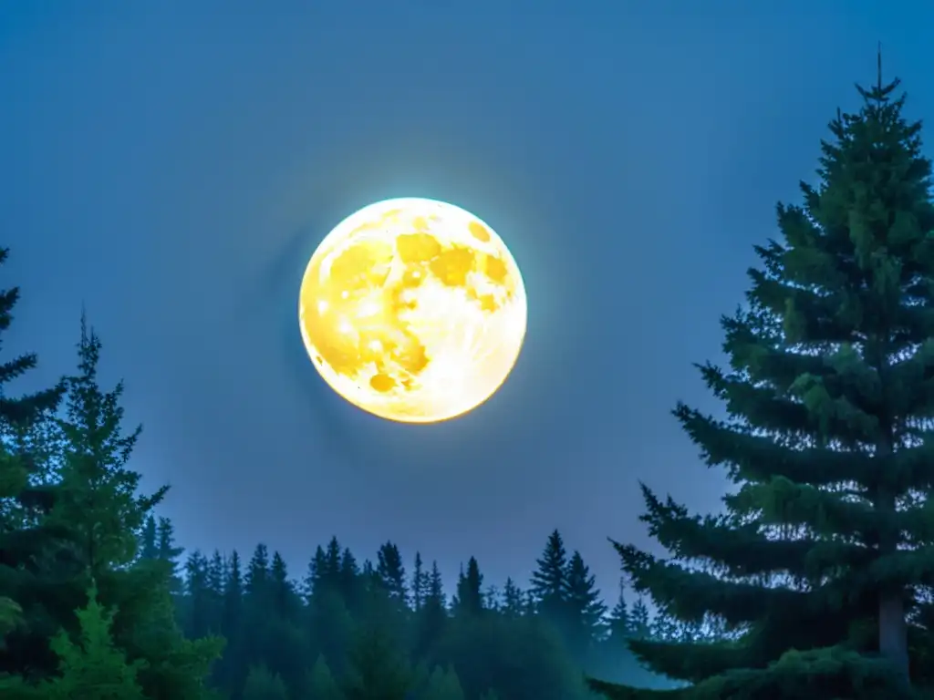 Imagen impresionante de la Luna llena elevándose sobre un bosque neblinoso, evocando misterio y tranquilidad