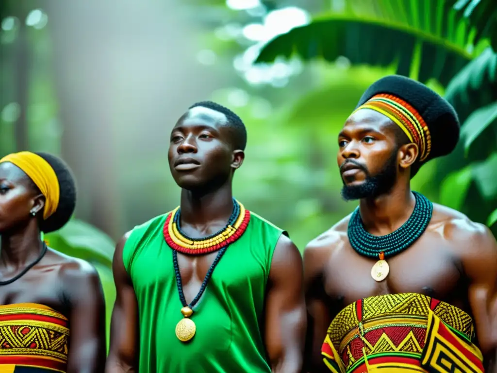 Una imagen impresionante del ritual Sankofa de la cultura Akan, con participantes vestidos con trajes tradicionales en un exuberante bosque