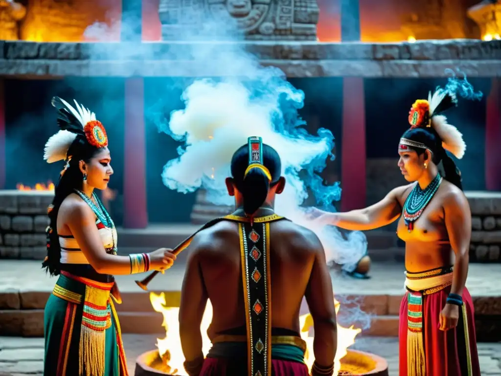 Imagen de un impresionante ritual maya en un templo antiguo, con coloridos trajes y una atmósfera de humo incienso, resaltando las festividades culturales y antiguas