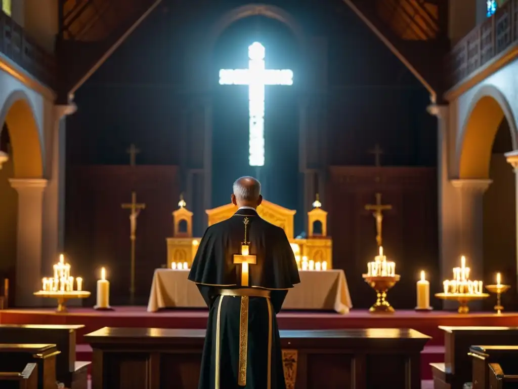 La imagen muestra el interior de una iglesia iluminada con velas, donde un sacerdote se prepara para la ceremonia del Triduo Pascual