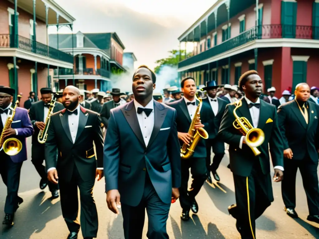 La imagen muestra una procesión fúnebre jazz en Nueva Orleans, con música y un ambiente emocionante que honra la vida