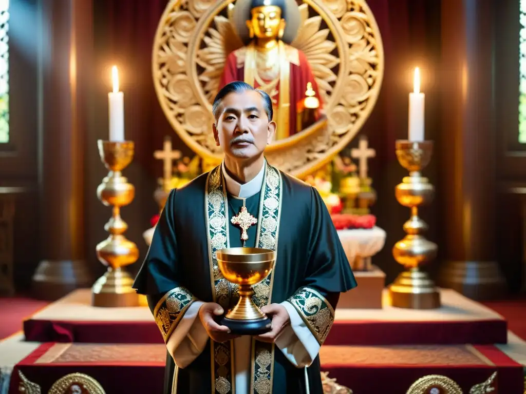 Imagen de líder religioso en rito de consagración, con luz etérea y altar ornado