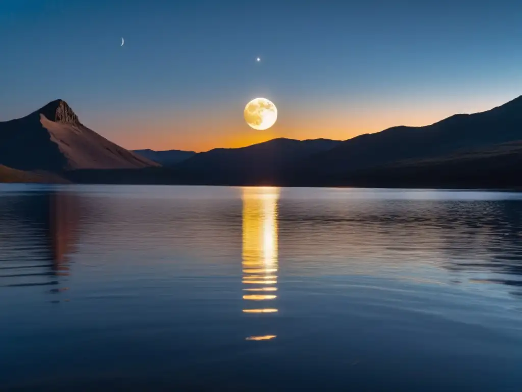 Una imagen en 8k detalla una luna creciente reflejada en un lago sereno