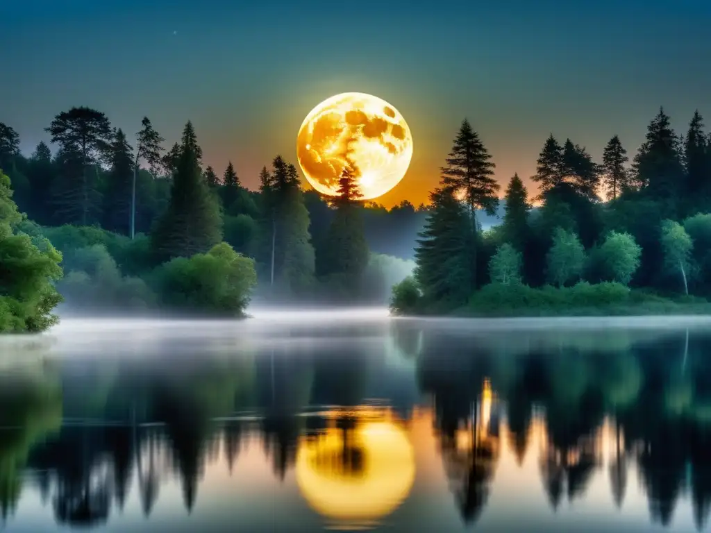 Imagen de luna llena sobre un bosque neblinoso y lago sereno, evocando la conexión espiritual y la sanación emocional en rituales femeninos