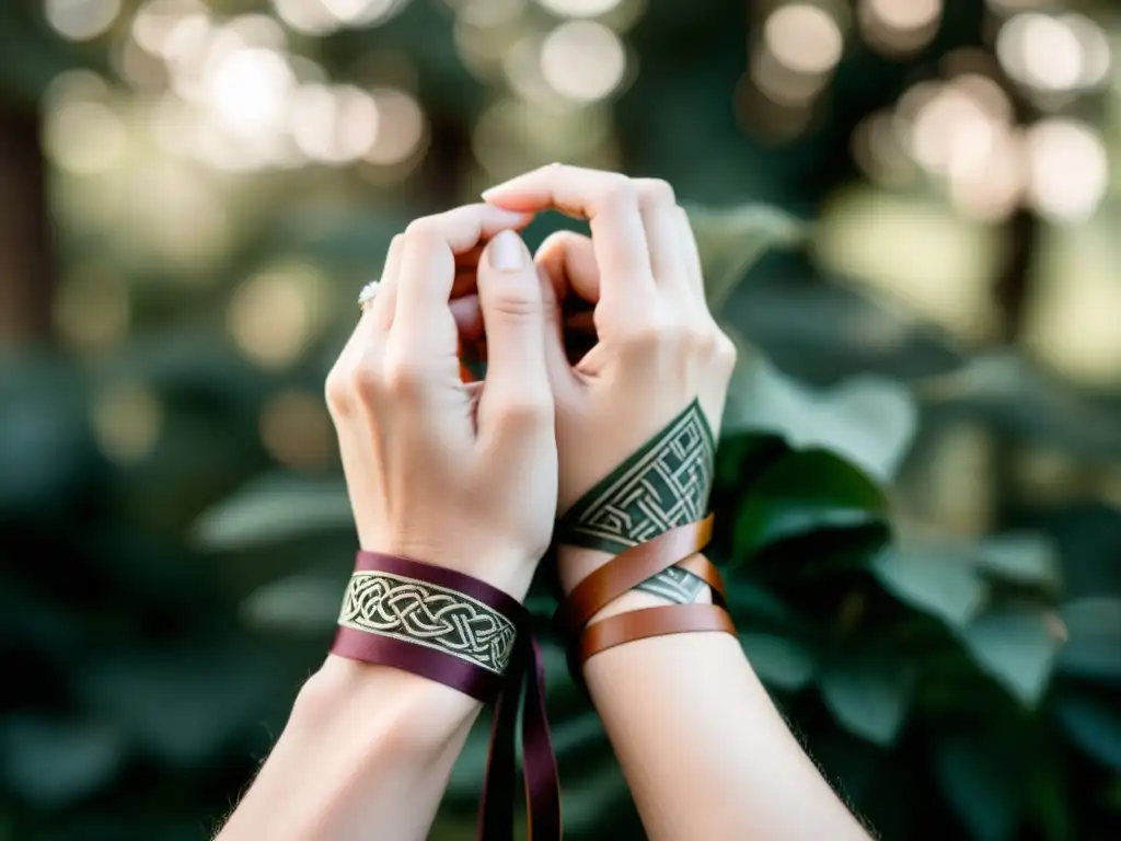 Imagen de manos entrelazadas con tatuajes de nudos celtas, atadas con cintas en una ceremonia de handfasting en la naturaleza