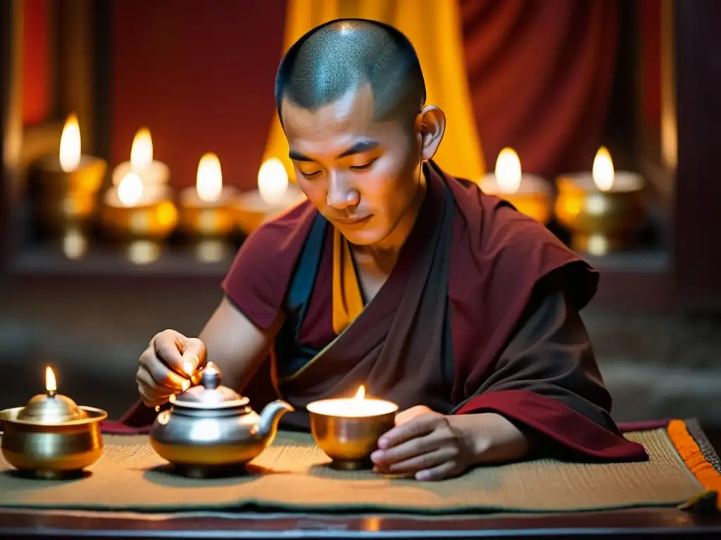 Imagen de un monje tibetano realizando un ritual de té ceremonial espiritual en un templo iluminado con luz tenue, creando una escena cautivadora