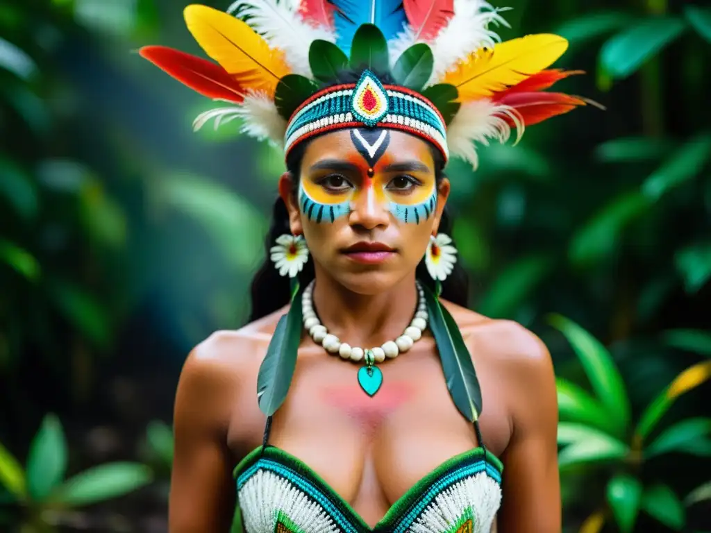 Imagen de mujer amazónica en Ritual de la Fertilidad, danzando con atuendo tradicional en la exuberante selva