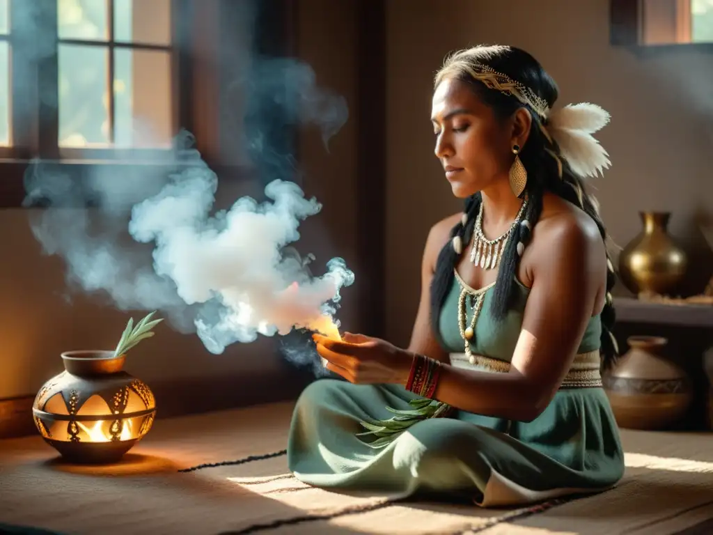 Imagen 8k de mujer nativa realizando ritual de limpieza energética con salvia en ambiente ahumado y tenue luz solar