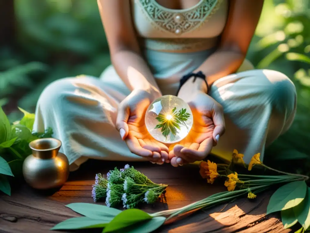 Imagen de mujer en ritual de luna nueva, conectada con la naturaleza en un bosque exuberante, rodeada de vegetación y flores silvestres